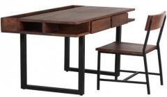 Woodsworth Alonzo Solid Wood Study & Laptop Table with Chair in Premium Acacia Finish with Metal