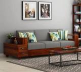 Wopno Furniture Pure Sheesham Wooden 3 Seater Sofa with Side Box Drawer for Living Room Bedroom Fabric 3 Seater Sofa