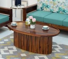 Allie Wood Vertical Strips Round Sheesham Solid Wood Coffee Table