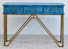 Anantwoodcraft Solid Mango Wood 3 Drawer Lamino Console Hall Table Rustic Distressed Blue Finish with Iron Frame in Golden Finish Solid Wood Console Table