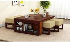 Balaji Furniture Coffee table with 4 stools | Coffee table with Storage | Center table Wooden Solid Wood Coffee Table