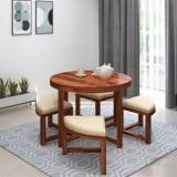 Brightwood Solid Sheesham Wood Four Seater Round Dining Table With 4 Stools For Dining Room Solid Wood 4 Seater Dining Set