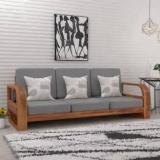 Divine Arts 3 Seater Solid Sheesham Wood Three Seater Sofa Set For Living Room/Hotel/Cafe. Fabric 3 Seater Sofa