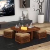 Douceur Furnitures Solid Sheesham Wood Coffee Table With 4 Stools For Living Room / Cafe / Office. Solid Wood Coffee Table