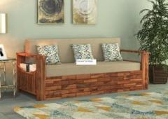 Douceur Furnitures Solid Sheesham Wood For Living Room / Hotel / Bed Room. 3 Seater Double Solid Wood Pull Out Sofa Cum Bed