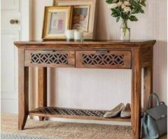 Ewood Sheesham Wood Console Table with 2 Drawer and 2 Shelf Storage Solid Wood Console Table