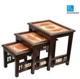 ExclusiveLane Teak Wood Nested Stools In Walnut Finish Set Of 3