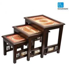 ExclusiveLane Teak Wood Nested Stools In walnut Finish Set of 3