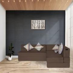 Fresh Up 4 Seater L Shaped Sofa Cum Bed 78x60x16 inch Jute Fabric, 4 Cushions Dark Brown Double Sofa Bed