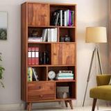 Furinno Sheesham Wood Book Shelf with Cabinet Bookcase Books Display Rack Unit for Home Solid Wood Open Book Shelf