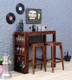 Ganpati Arts Mini Bar Table With Storage & Set Of 2 Bar Stool Solid Wood Bar Cabinet