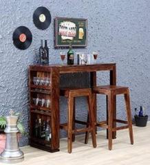 Ganpati Arts Mini Bar Table with Storage & Set Of 2 Bar Stool Solid Wood Bar Cabinet