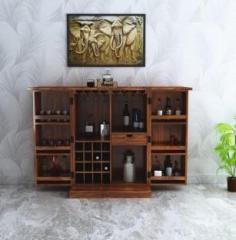 Ganpati Arts Solid Wood Bar Cabinet For Wine Storage with Rack & Drawer With Glasses Holder Solid Wood Bar Cabinet