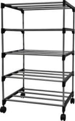 Konline Metallic Book shelf with caster wheels, 5 Shelves Metal Open Book Shelf