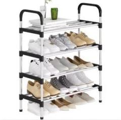 Krishyam 4 layer Stackable Shoe Rack, Free standing Stainless Steel Shoe Storage Shelf PP Collapsible Wardrobe