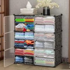 Krooh Plastic Cloth Almari Wardrobe 6 Door 12 Shelves Black Collapsible Wardrobe PC Collapsible Wardrobe