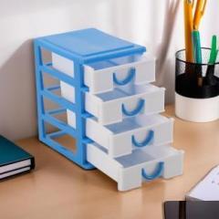 Kuber Industries 4 Tier Drawer Stationary Oragnizers for Desk & Pen Holder | White & Blue Plastic Free Standing Cabinet