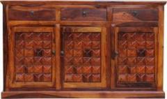 Nishaartplace Diamond 3 drawer n 3 cabinets, Natural Honey Oak, Glossy Finished Solid Wood Free Standing Sideboard