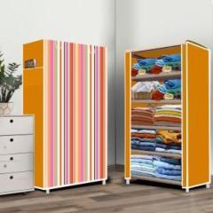 Poowerest 5 Shelf Orange Strip Print PVC Collapsible Wardrobe