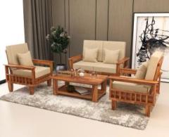 Pr Furniture Solid Wood Four Seater Sofa Set With CNC Flower Style For Living Room, Caf . Fabric 2 + 1 + 1 Sofa Set