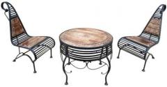 Saaga Mango Wood & Wrought Iron Round Coffee Table Set with Two Chairs