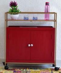 Samdecors Solid Wood Adam Multipurpose Bar Trolley with Wheels with Two Door Red Cabinet and Iron Frame in Golden Finish Solid Wood Bar Trolley