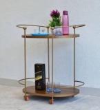 Samdecors Solid Wood Gail Multipurpose Bar Trolley With Wheels With Two Shelves In Natural Brown Finish And Iron Frame In Golden Finish Solid Wood Bar Trolley