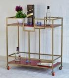 Samdecors Solid Wood Kelly Multipurpose Bar Trolley With Wheels With Two Shelves In Red Finish And Iron Frame In Golden Finish Solid Wood Bar Trolley