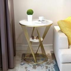 Shariq Wooden Accents Round Iron Coffee Table, Modern Style Sofa Side Table Metal End with Gold Frame Metal Corner Table