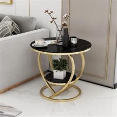 Shariq Wooden Accents Round Modern Side Table Faux Marble Double Tier Coffee Tables with Heart Frame Metal Corner Table