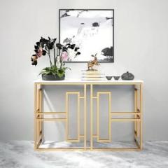 Shfamily White Luxury Stone Narrow Console Table Rectangle Gold Finish Stone Side Table