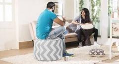 Style Homez XL Premium Collection Round Canvas Chevron Stool XL Size Ottoman Grey Color With Beans Bean Bag Footstool With Bean Filling