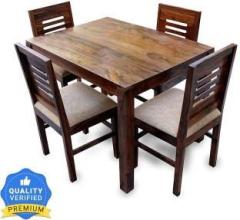 Taskwood Furniture Premium Quality Sheesham Solid Wood Four Seater Dining Table Set With Four Chair For Dining Room | Finish : Walnut | Cushion : Cream Solid Wood 4 Seater Dining Set