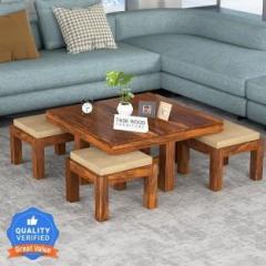 Taskwood Furniture Solid Wood Sheesham Wood Coffee Table With 4 Stools For Living Room, Guests Room Solid Wood Coffee Table