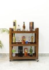 Timberly Sheesham Wood Bar Trolley | Bar Cabinet with 3 Shelf and 4 Wheels 32x12x28 Inch Solid Wood Bar Cabinet