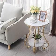 Trendabs Decor Round Side Table with Gold Metal Frame, 2 Tier Coffee, Living Room Bedroom Metal End Table