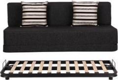 Uberlyfe Sofa Cum Bed with Metal Frame with Jute Fabric Washable Cover with 2 Striped Black Pattern Cushions. Double Metal Sofa Bed