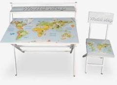 Wishing Clouds World Map Pattern Foldable Kids Study Table & Chair, Ideal for Homework Engineered Wood Study Table