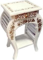 Wood Decor Wood Carver Handmade Bedside Table Floral Carved End Table for Bedroom and Living Room White with Golden Antique Metal Bedside Table