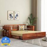 Wooden Street Calder Sheesham Wood Honey Finish King Size Sofa Cum Bed 3 Seater Double Foam Pull Out Sofa Cum Bed