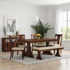 Woodstage Sheesham Wood 6 Seater Dining Table with 4 Cushion Chairs & 1 Bench for Home Solid Wood 6 Seater Dining Set