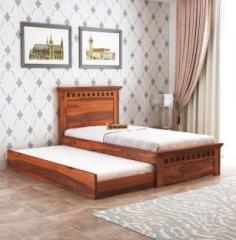 Woodstage Sheesham Wood Single Size Armania Trundle Bed with 1 Extra Pullout Wooden Bed Solid Wood Single Bed