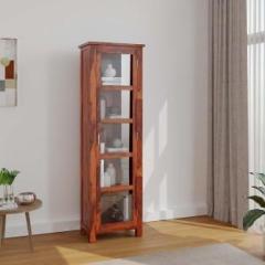 Woodstage Solid Wood Cabinet With 1 Glass Door & 5 Shelf Storage For Living Room Home Solid Wood Close Book Shelf