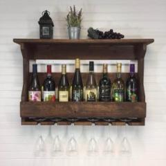 Wopno Furniture Pure Sheesham Wooden Wall Hanging Mounted Wine Rack Bar with Glass Holder Solid Wood Bar Cabinet