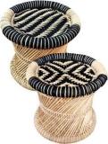 Yashika Creations Natural Combo Bamboo stool Mudda with Black Beige set 2 chair Outdoor & Cafeteria Stool