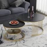 Yusha Handicrafts Gold Iron Frame Modern Laminated Marbled Round Coffee Table Set of 2 Engineered Wood Coffee Table