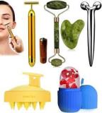 Morvika 100% Natural Jade Roller Massager With Gua Sha Facial Tools, T Shaped Massager, 3D Massager, Ice Roller, Hair Scalp Brush Massager