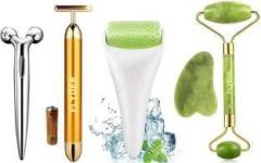 Flyder 100% Natural Jade Roller Gua Sha, T Shape Massager, Ice Roller With 3D Massager.