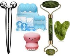 Morvika Natural Stone Jade Roller With Gausha Tool, 2 in 1 Ice Roller, 3D Face Roller Massager, Octopus Brush Massager