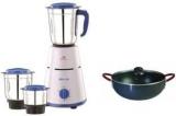 Bajaj Combo Pack Pluto With 2 L Induction Kadhai 500 W Mixer Grinder 3 Jars, White, Blue